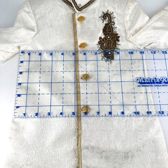 Boys White Sherwani Jacket Beaded Embroidery Gold Buttons 14" Chest - Picture 3 of 16